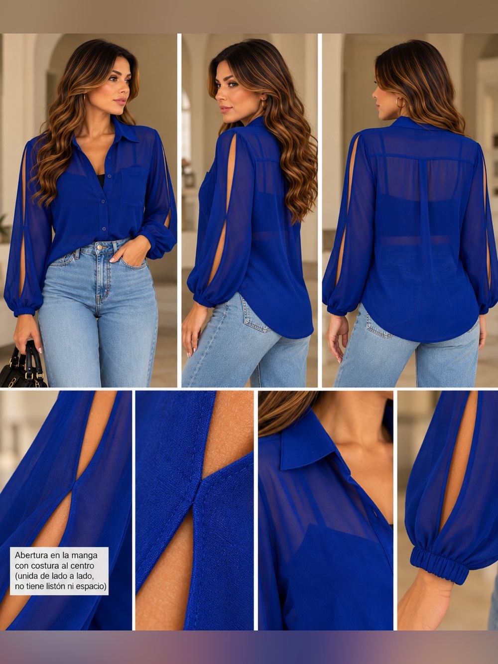Sheer Split-Sleeve Button-Up Blouse - Royal Blue
